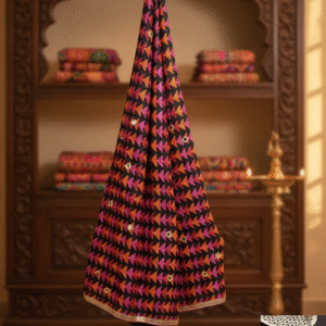 Phulkaristan Signature Black Phulkari Dupatta with Pink, Orange & Mirror Accents